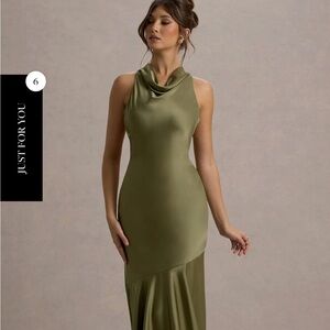 Club L London- AMELITA
KHAKI SATIN COWL-NECK MAXI DRESS